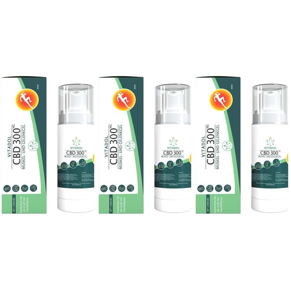 Vier Flaschen VITADOL CBD 300 Muskel- und Gelenkgel mit Pumpaufsatz und Kartonverpackung.