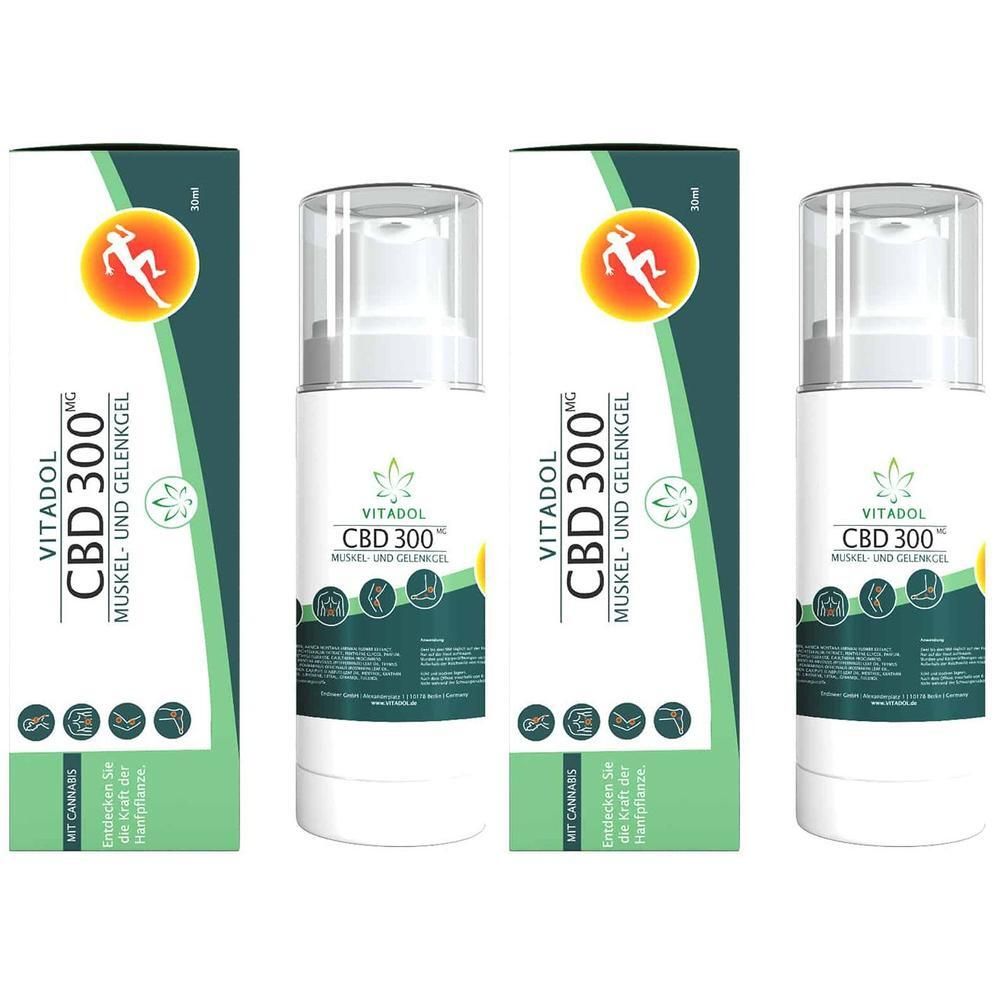 VITADOL CBD 300 Muskel- und Gelenkgel in Pumpspendern und Kartons.