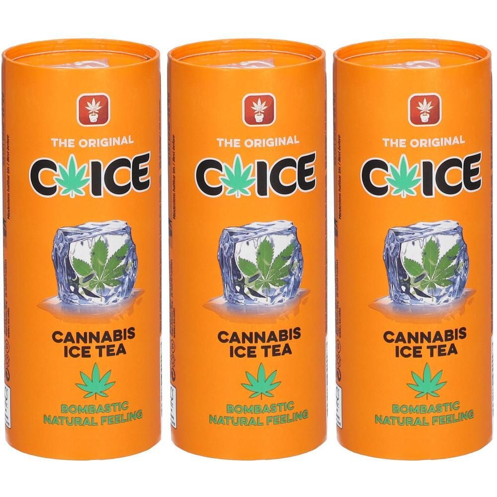 Drei orangefarbene Dosen mit Cannabis Ice Tea Aufdruck und Eiswürfel-Motiv.