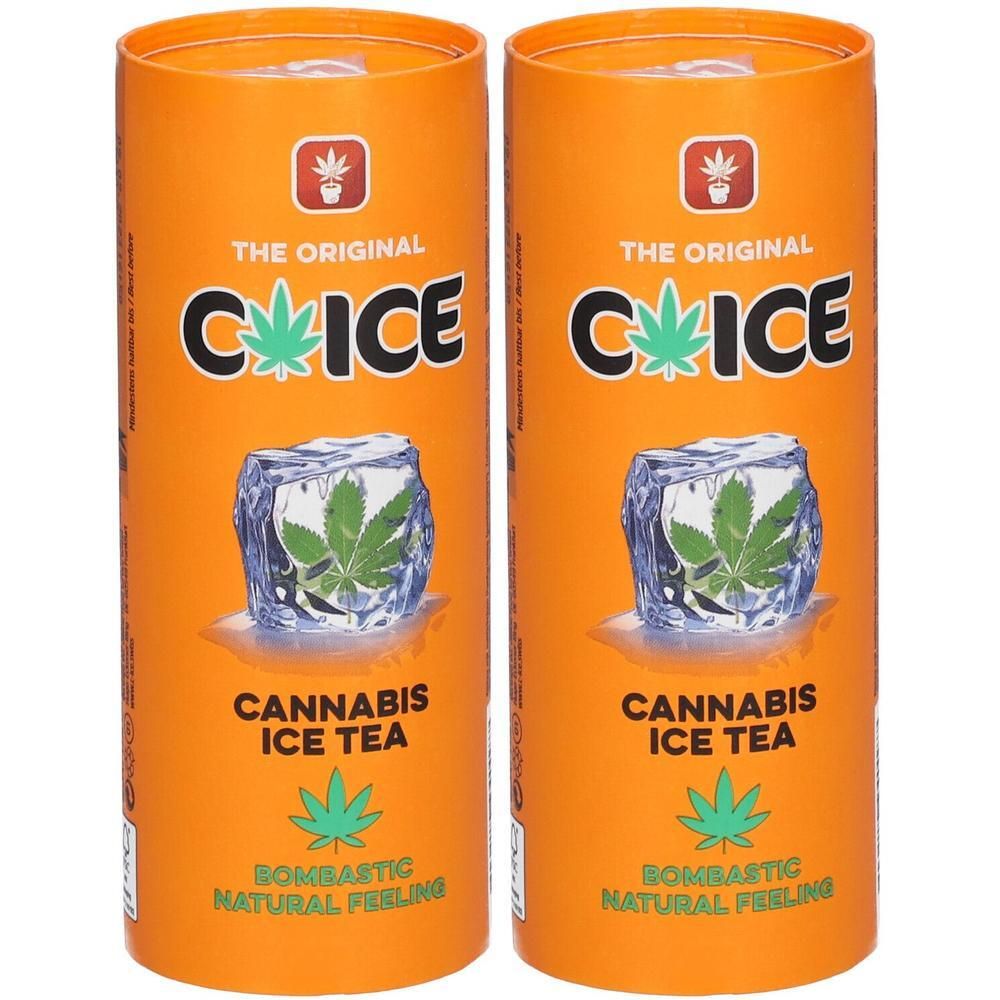 Zwei orangefarbene Dosen "Cannabis Ice Tea" mit Eiswürfel- und Hanfblatt-Grafiken.