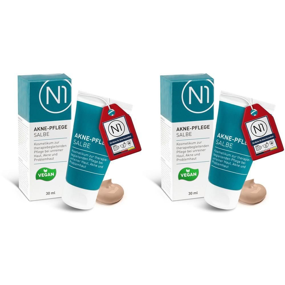 Zwei Tuben und Kartons N1 Akne-Pflege Salbe, 30 ml, vegan.