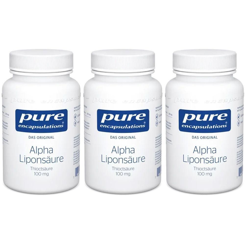 Drei Flaschen Pure Encapsulations Alpha Liponsäure, je 100 mg.