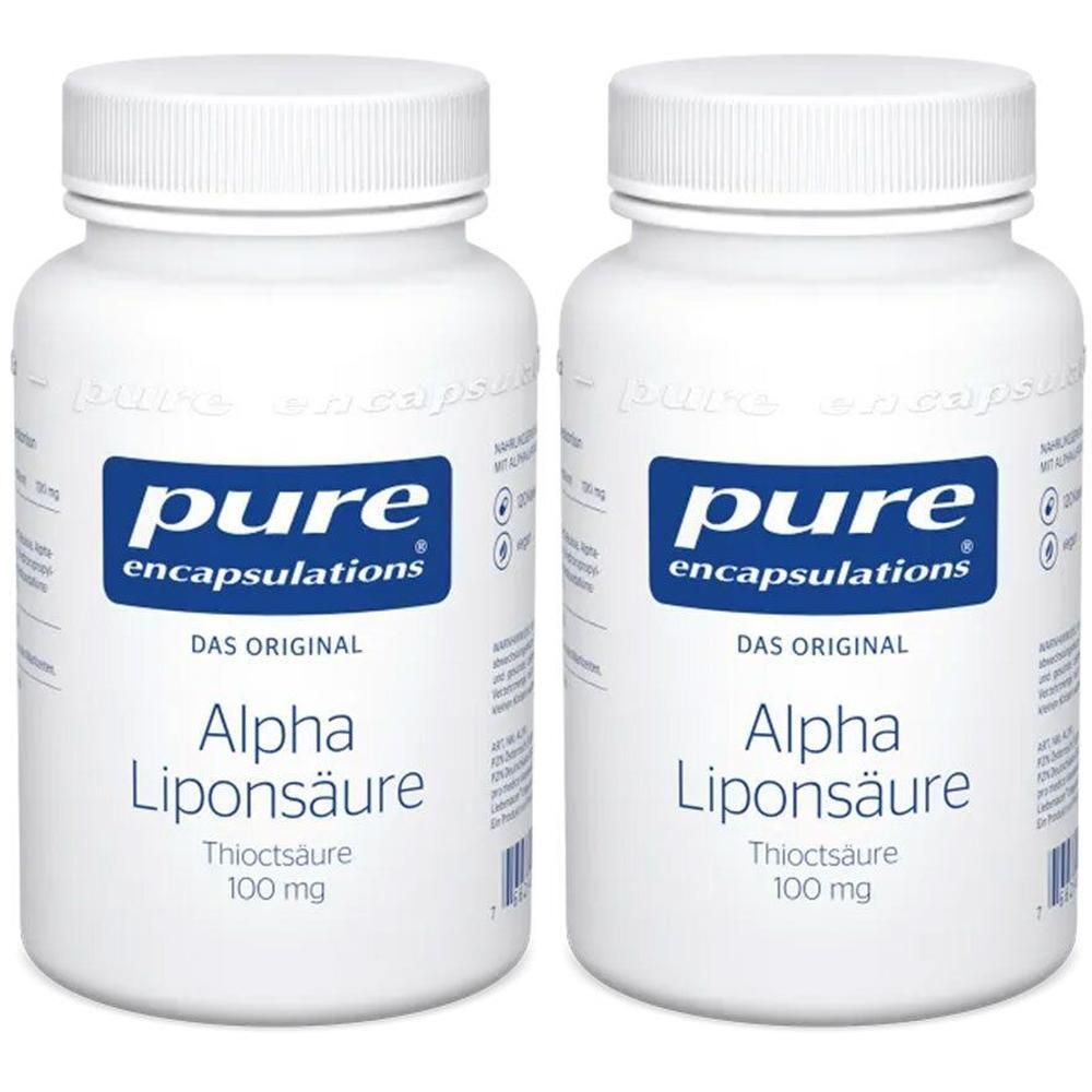 Zwei weiße Behälter mit Pure Encapsulations Alpha Liponsäure, 100 mg.