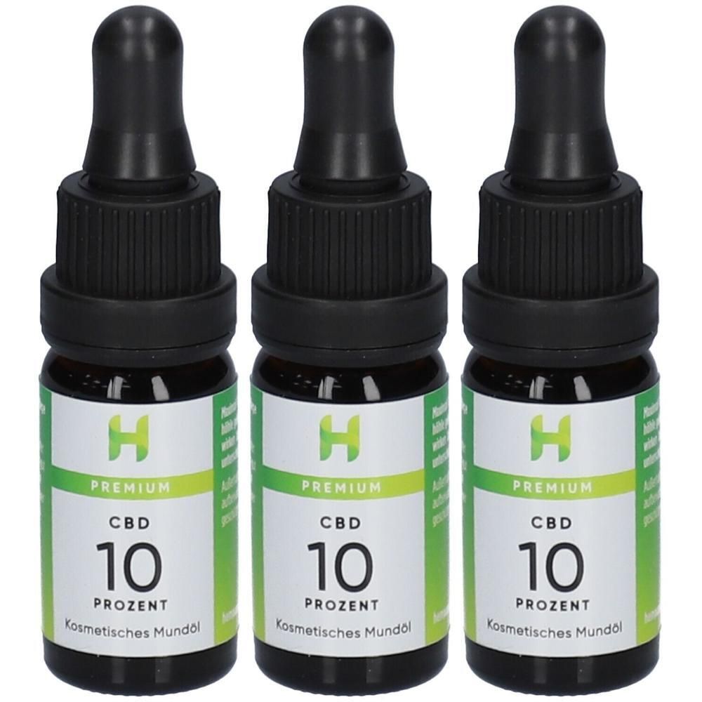 Drei Flaschen Hempamed Premium CBD Öl 10% mit Pipettenverschluss. Grüne Etiketten mit weißer Schrift.