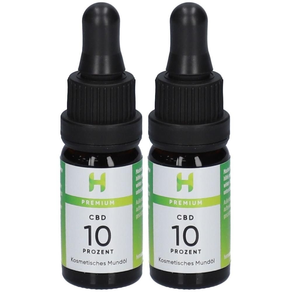 Zwei Flaschen Hempamed Premium CBD Öl 10% mit Pipettenverschluss. Dunkelbraunes Glas.