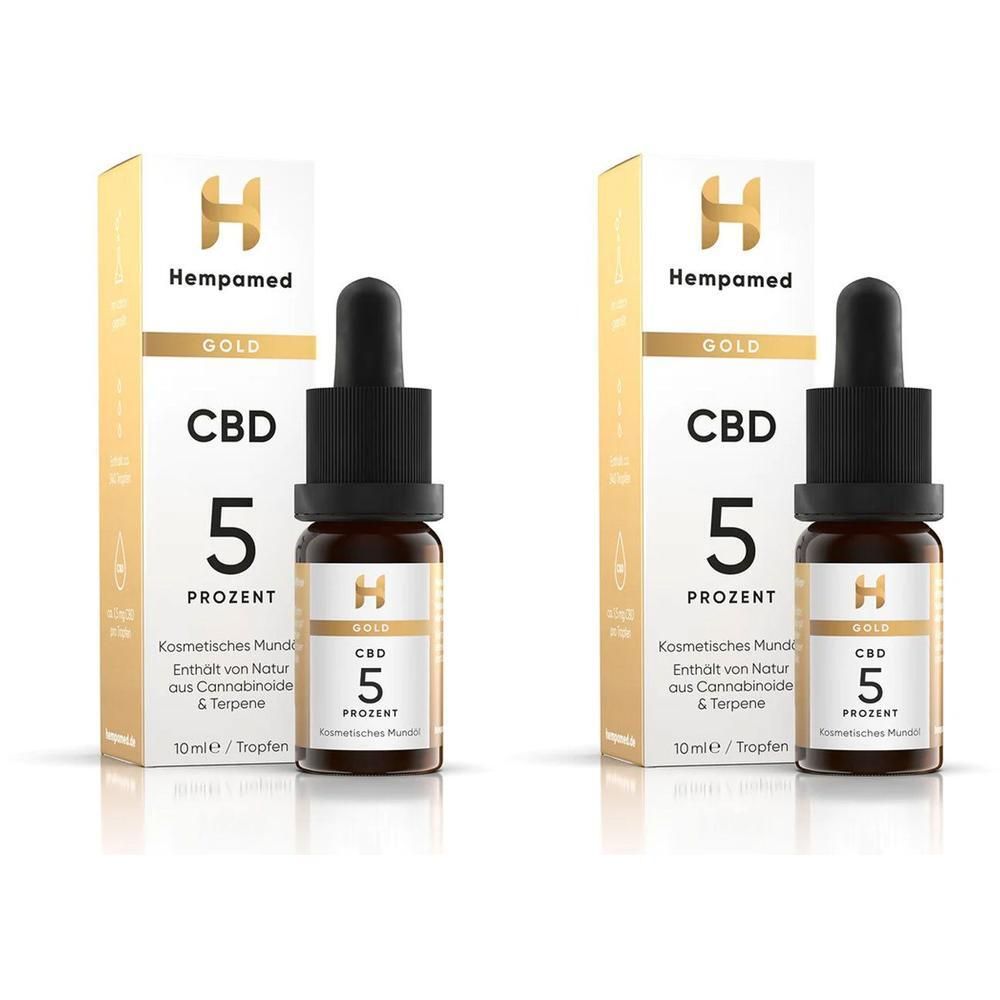 Zwei Fläschchen CBD Öl 5% mit Pipetten und Umverpackungen. Goldener Aufdruck.