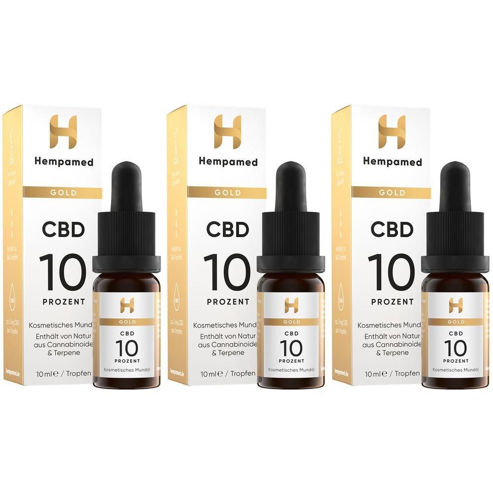 Drei Flaschen Hempamed Gold CBD Öl 10% mit Pipetten und Umverpackungen.