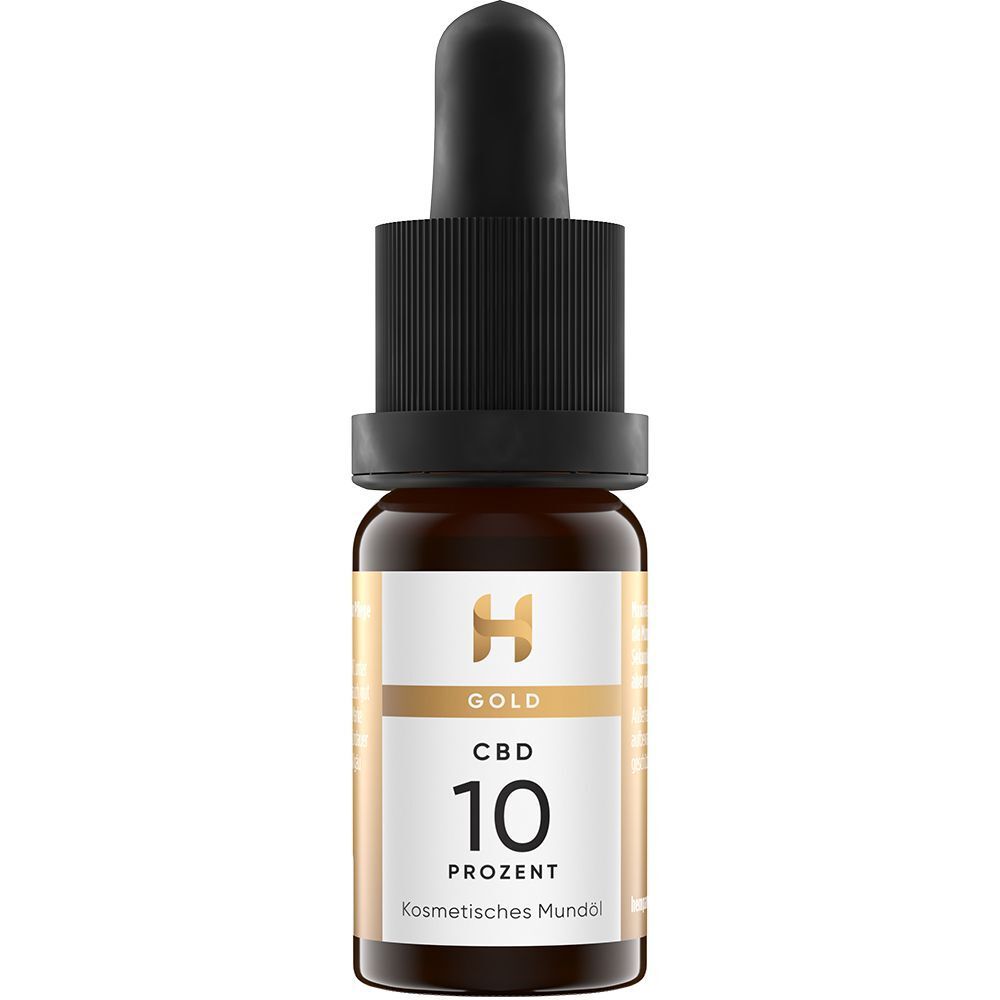 Eine Flasche Hempamed Gold CBD Öl 10% mit Pipette und Etikett.