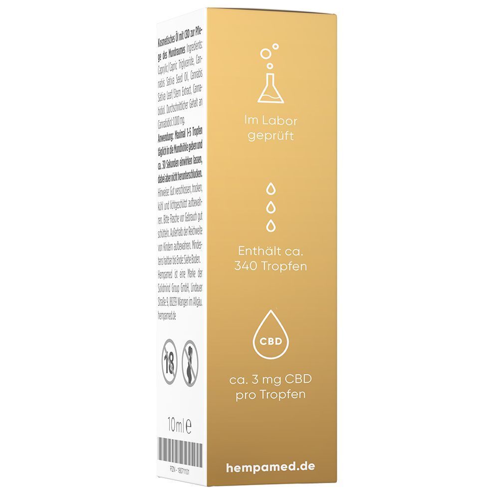 Rückseite der Verpackung von Hempamed Gold CBD Öl 10% mit Produktinformationen.