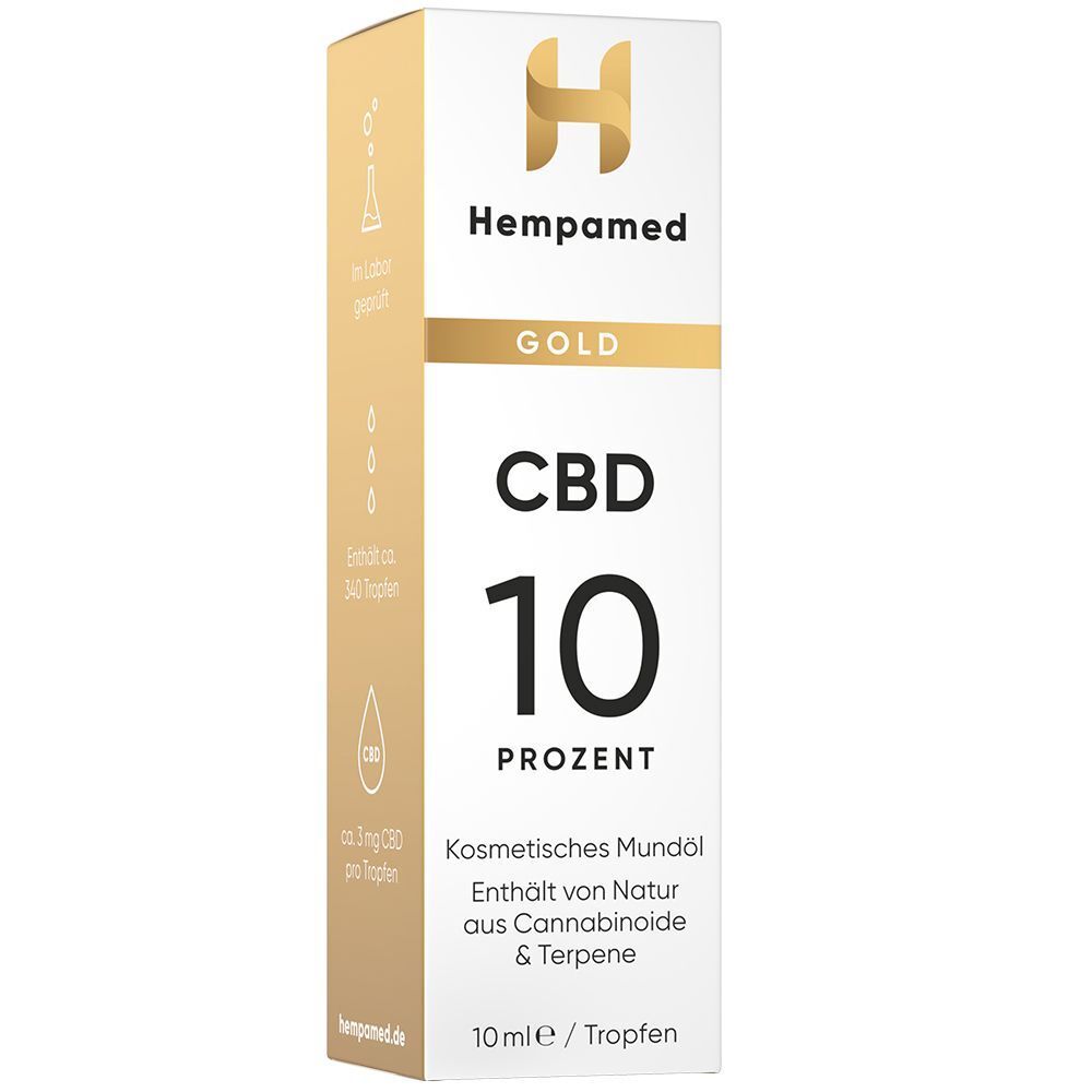 Verpackung Hempamed Gold CBD Öl 10%. Weiße und goldene Box mit Pipettenflasche daneben. "CBD 10 Prozent".