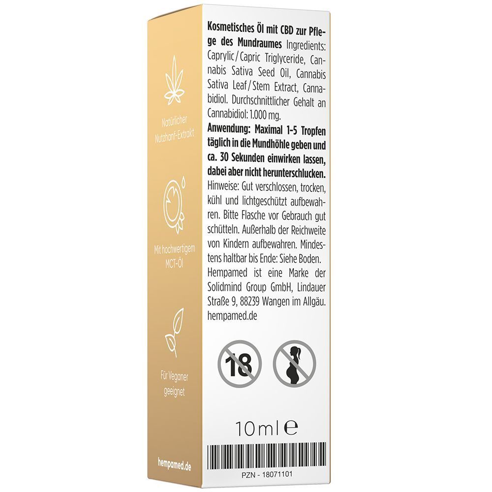 Seitenansicht der Verpackung Hempamed Gold CBD Öl 10%. Zutatenliste, Anwendungshinweise, "für veganer geeignet".