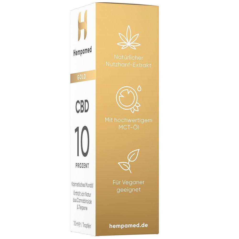 Seitenansicht der Verpackung Hempamed Gold CBD Öl 10%. Symbole für Hanfextrakt, MCT-Öl, "für veganer geeignet".