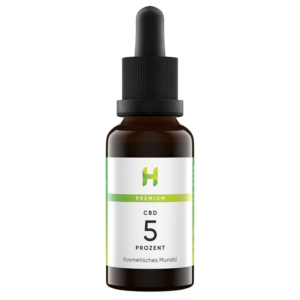 Flasche Hempamed Premium CBD Öl 5% mit Pipette und Etikett.