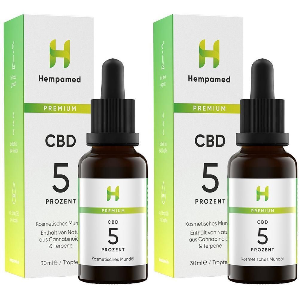 Zwei Flaschen Hempamed Premium CBD Öl 5% mit Pipettenverschluss und Umverpackungen.