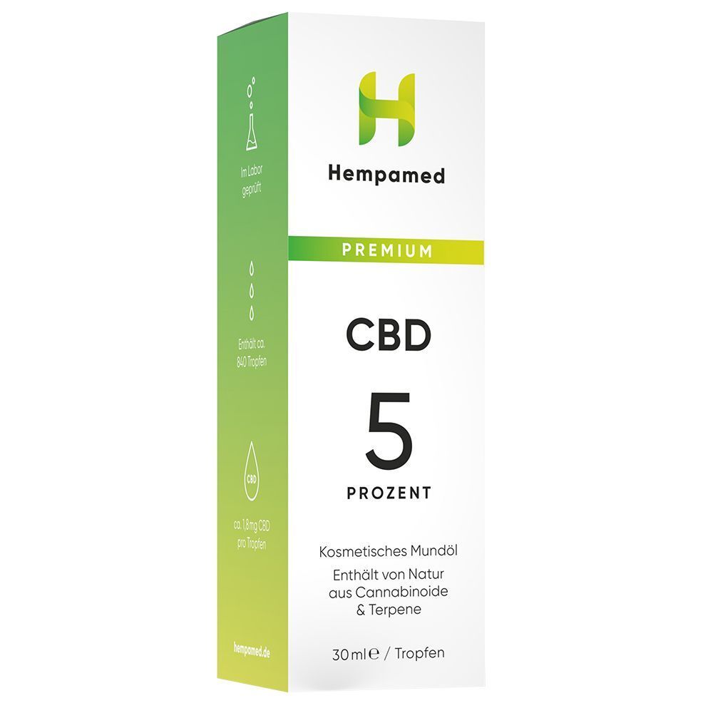 Eine Umverpackung für Hempamed Premium CBD Öl 5% mit Pipettenflasche.