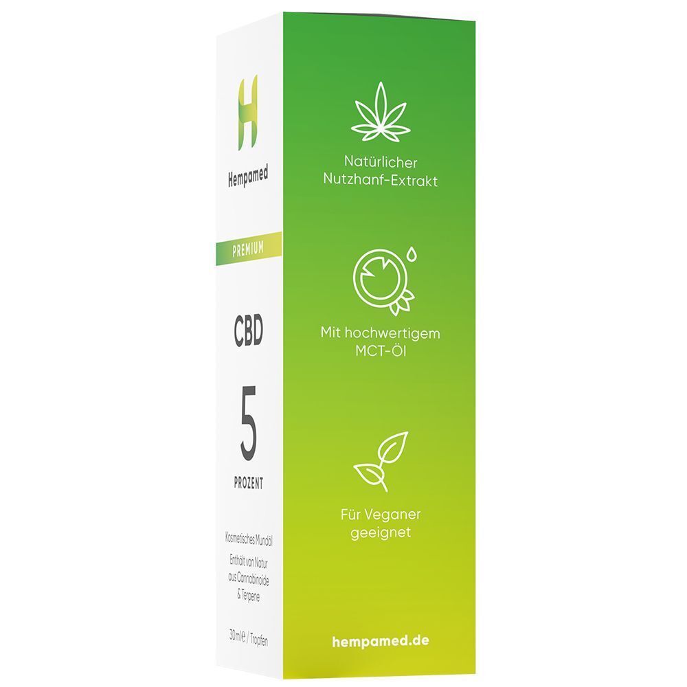 Rückseite der Umverpackung für Hempamed Premium CBD Öl 5% mit Produktinformationen.