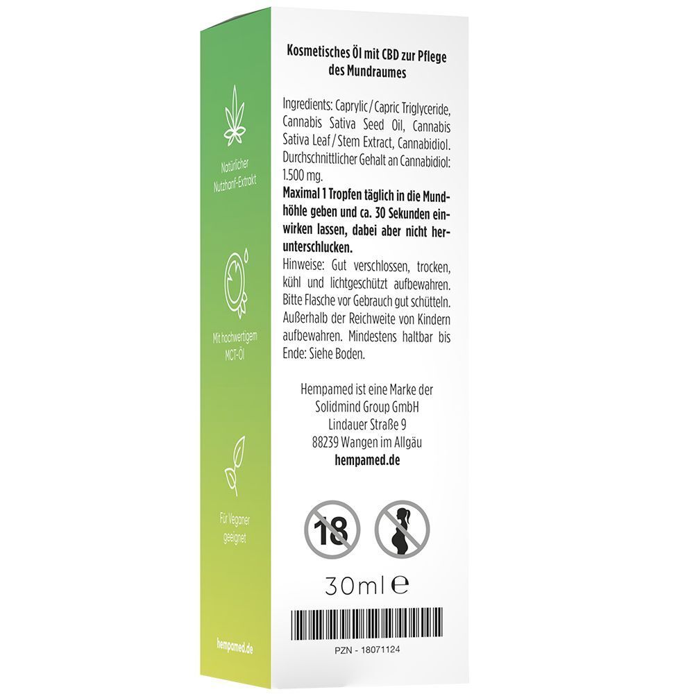 Seitenansicht der Umverpackung für Hempamed Premium CBD Öl 5% mit Inhaltsstoffen.