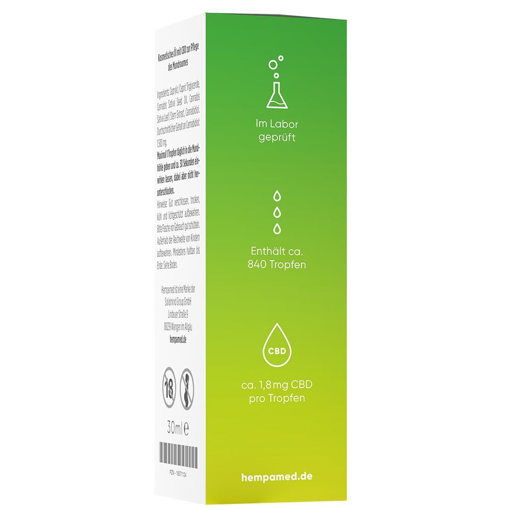 Seitenansicht der Umverpackung für Hempamed Premium CBD Öl 5% mit Tropfenangabe.