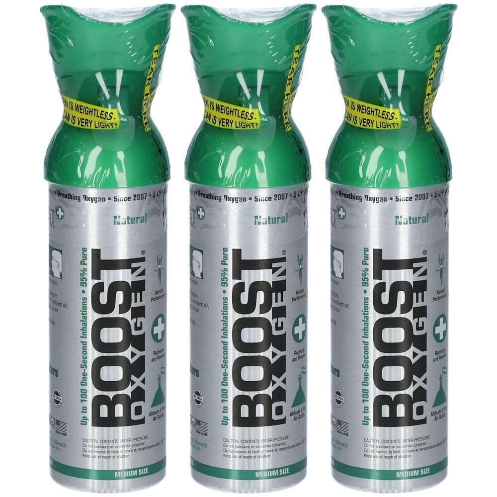 Drei Dosen BOOST OXYGEN® Natural mit je 95% reinem Sauerstoff. Mittlere Größe.