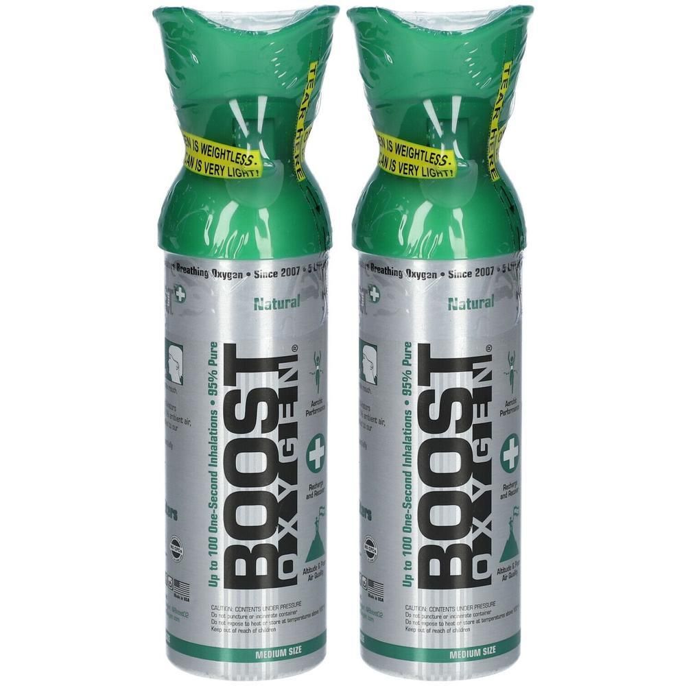 Zwei Dosen BOOST OXYGEN® Natural, 95% reiner Sauerstoff, für bis zu 100 Inhalationen.