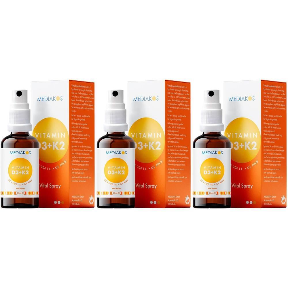 Drei Flaschen MEDIKOS Vitamin D3+K2 Vital Spray mit Verpackung.