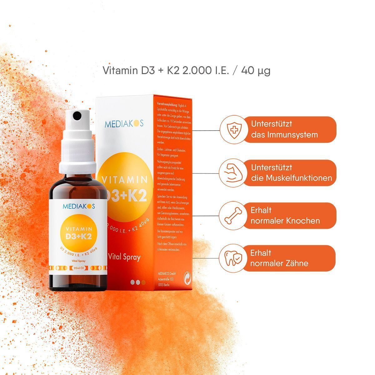 MEDIKOS Vitamin D3+K2 Vital Spray Flasche und Verpackung mit Hinweisen zu Vorteilen.