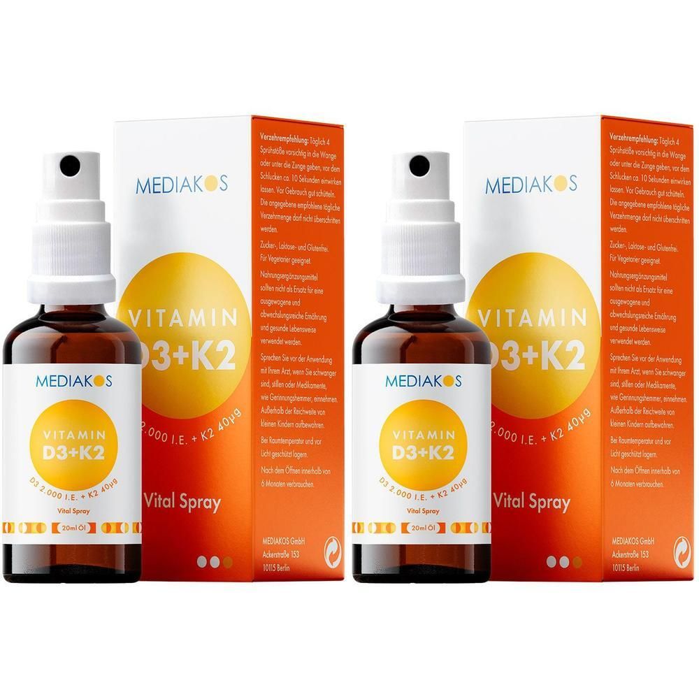 Zwei Flaschen MEDIAKOS Vitamin D3+K2 Vital Spray mit Verpackung.