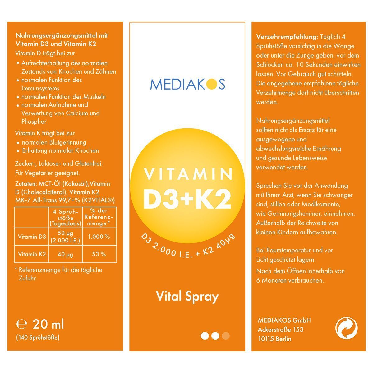 Rückseite der Verpackung MEDIAKOS Vitamin D3+K2 Vital Spray mit Nährwertangaben.