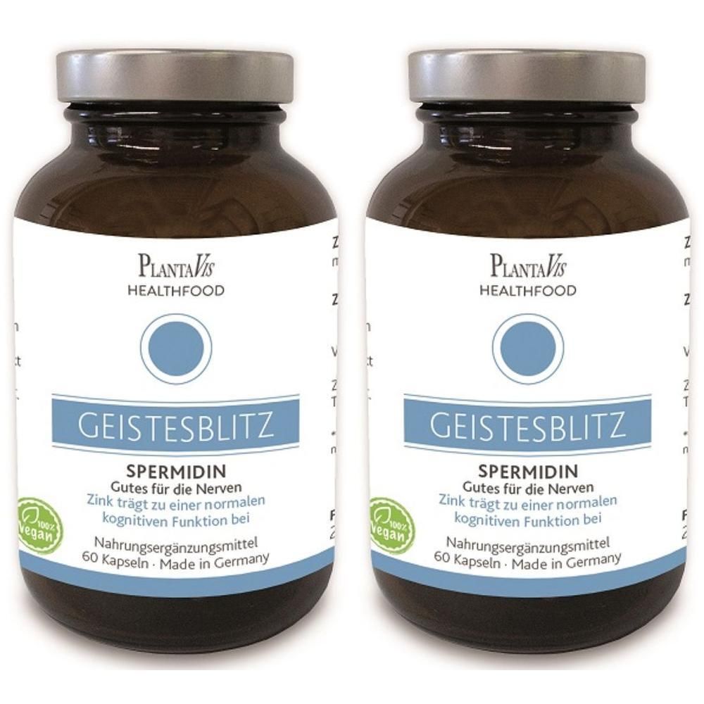 Zwei Flaschen PlantaVis Geistesblitz mit je 60 Kapseln. Nahrungsergänzungsmittel mit Spermidin.