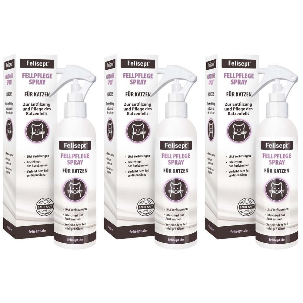 Drei Flaschen Felisept Fellpflege Spray für Katzen mit Sprühkopf und Kartonverpackung.