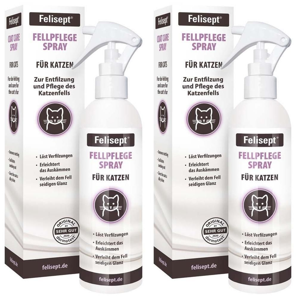 Zwei Flaschen Felisept Fellpflege Spray für Katzen mit Sprühkopf, auf weißem Karton.