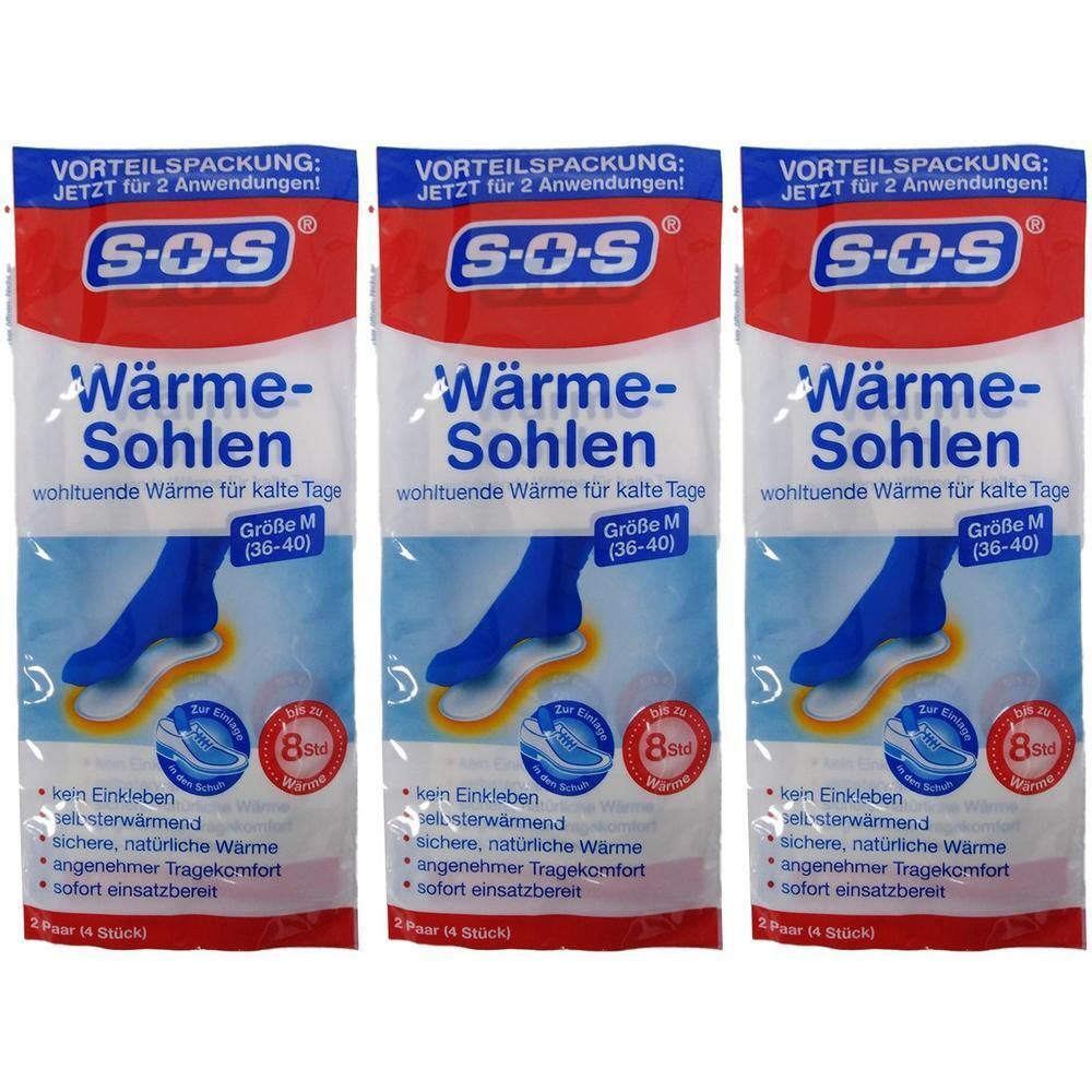 Drei Packungen SOS Wärme-Sohlen Größe M (36-40). Jede Packung enthält 2 Paar (4 Stück). Bieten wohltuende Wärme für kalte Tage.