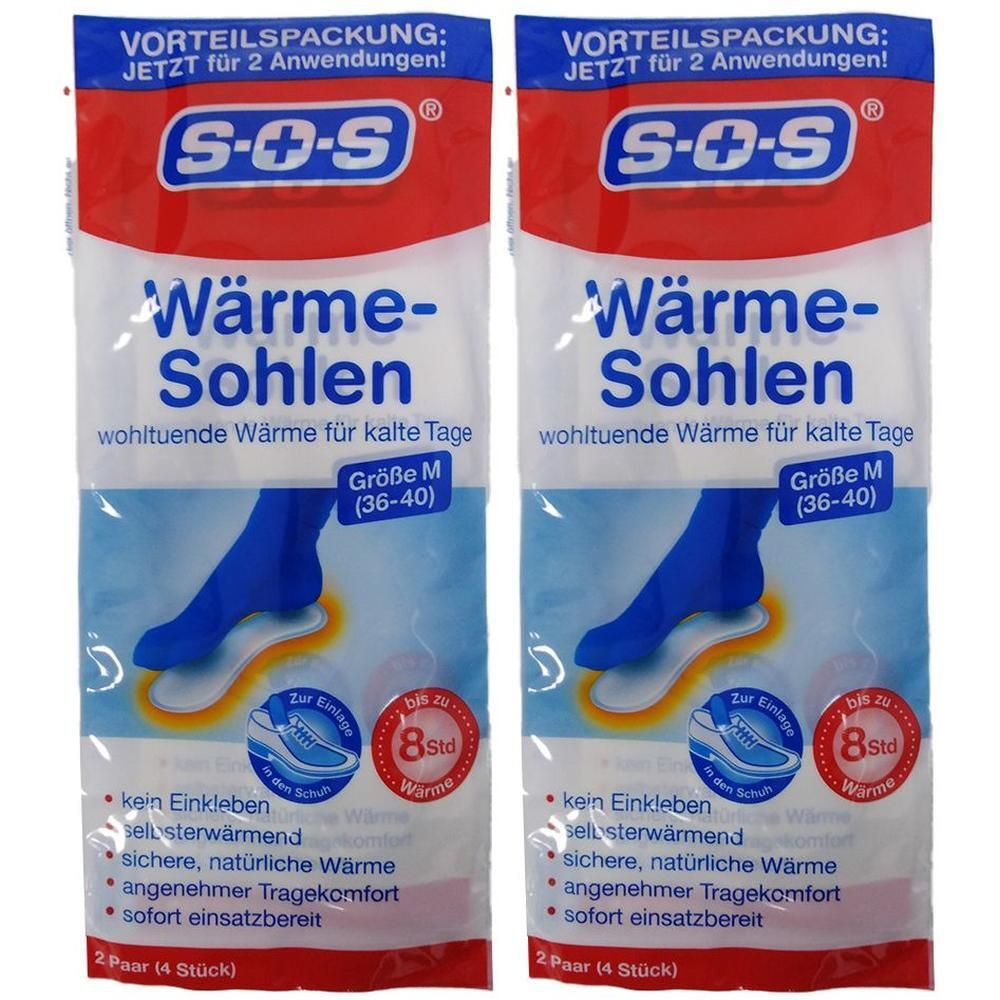 Zwei Packungen SOS Wärme-Sohlen, Größe M (36-40). Bieten bis zu 8 Stunden Wärme. Für kalte Tage.
