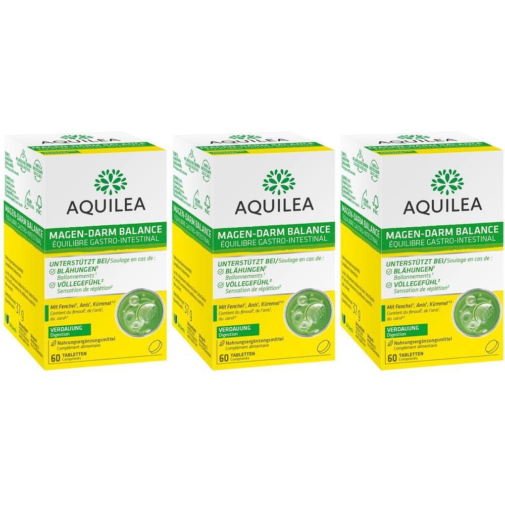 Drei Packungen Aquilea Magen-Darm-Balance Tabletten, 60 Stück pro Packung.