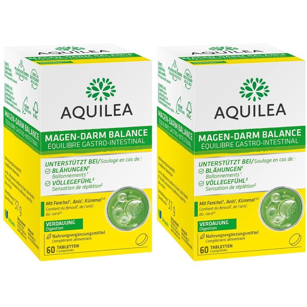 Zwei Packungen AQUILEA Magen-Darm-Balance mit je 60 Tabletten. Gelbe Kartons mit grünen und weißen Akzenten.