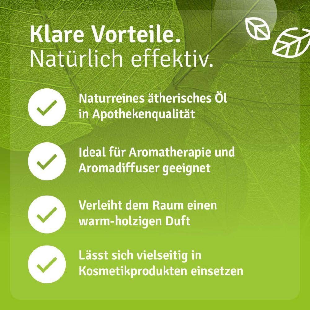 Eine Flasche Casida Zedernöl mit Text über naturreines ätherisches Öl, Eignung für Aromatherapie und Duft.