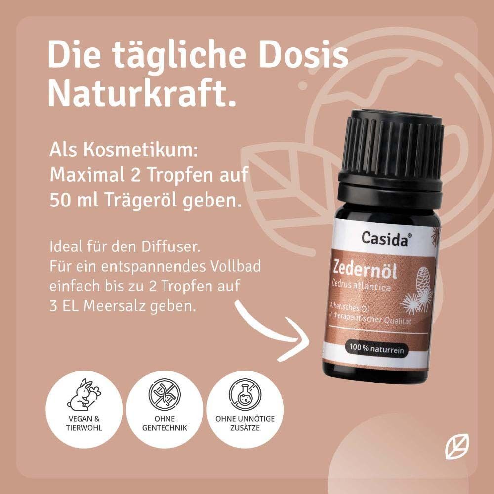 Ein Fläschchen Casida Zedernöl neben Text und Symbolen, die die tägliche Dosis Naturkraft und Anwendungshinweise beschreiben.
