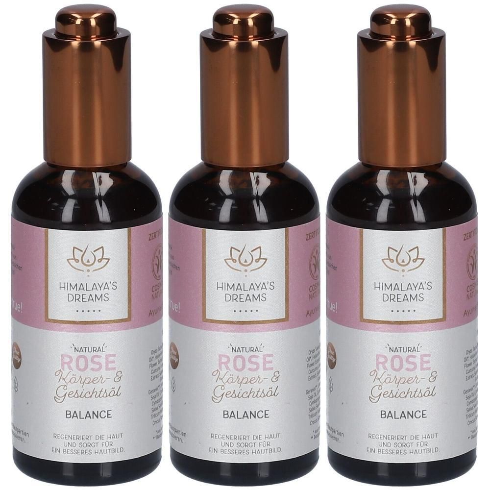 Drei Flaschen Himalaya's Dreams Rose Körper- & Gesichtsöl Balance mit Kupferfarbenen Tropfverschlüssen.