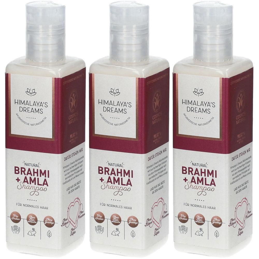 Drei Flaschen Himalaya's Dreams Natural Brahmi + Amla Shampoo für normales Haar.