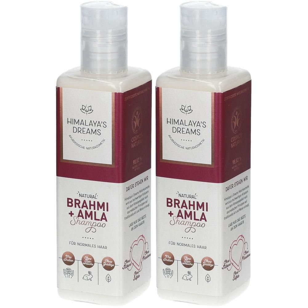 Zwei Flaschen Himalaya's Dreams Natural Brahmi + Amla Shampoo für normales Haar.