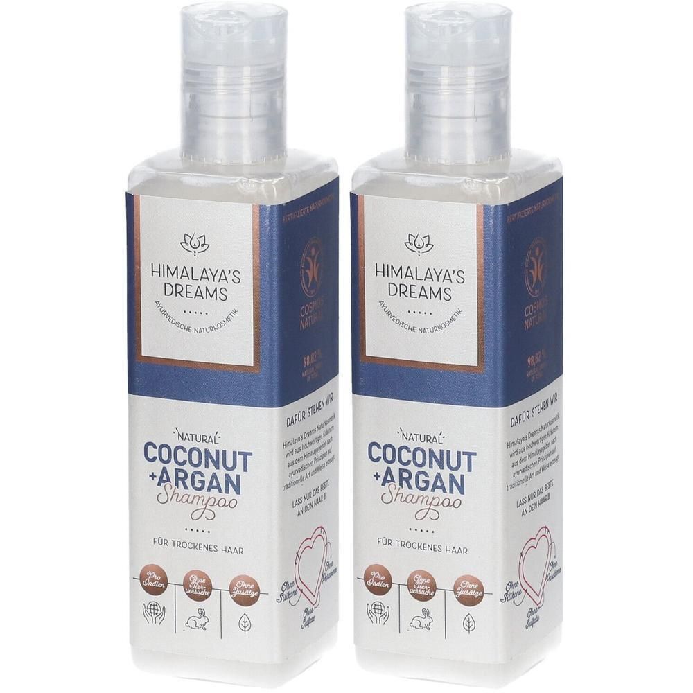 Zwei Flaschen Himalaya's Dreams Natural Coconut + Argan Shampoo für trockenes Haar.
