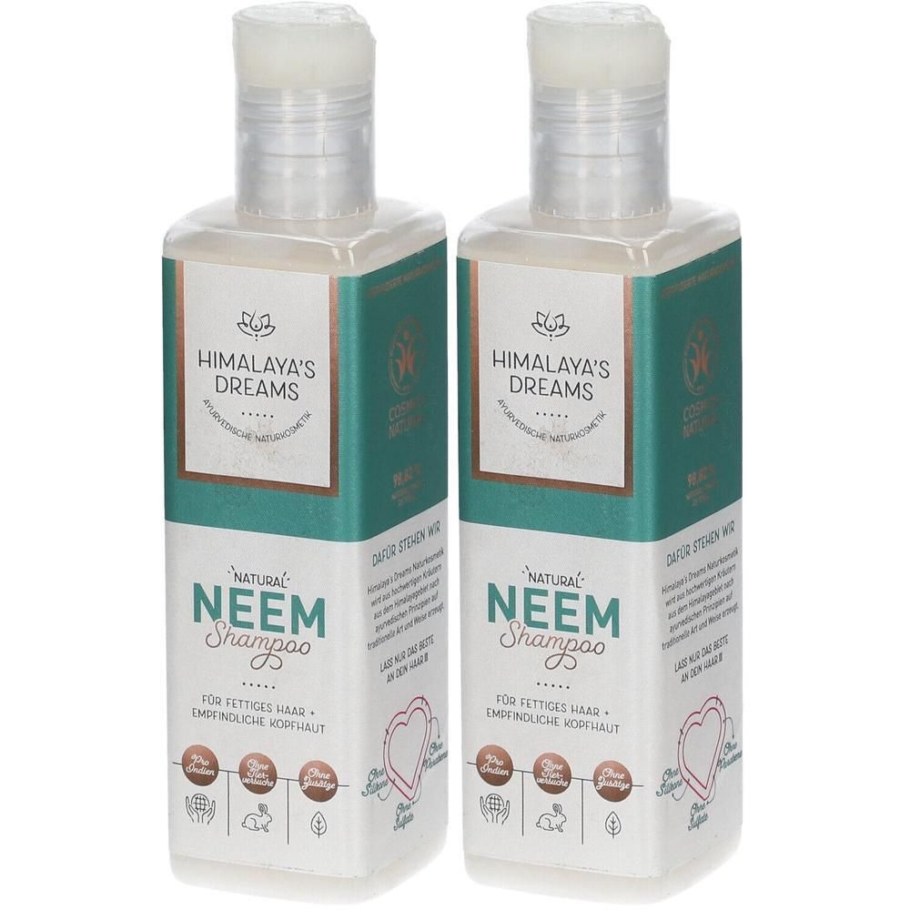 Zwei Flaschen Himalaya's Dreams Natural Neem Shampoo für fettiges Haar und empfindliche Kopfhaut.