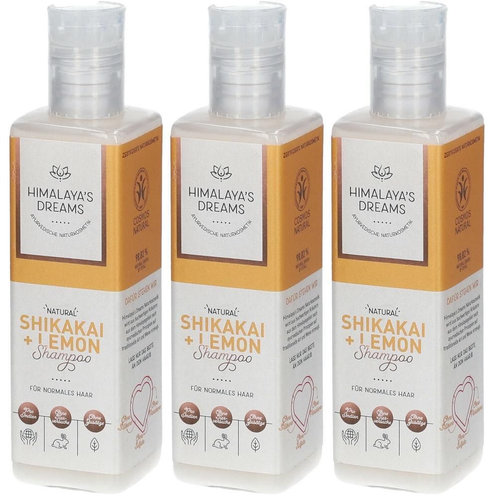 Drei Flaschen Himalaya's Dreams Natural Shikakai + Lemon Shampoo für normales Haar.
