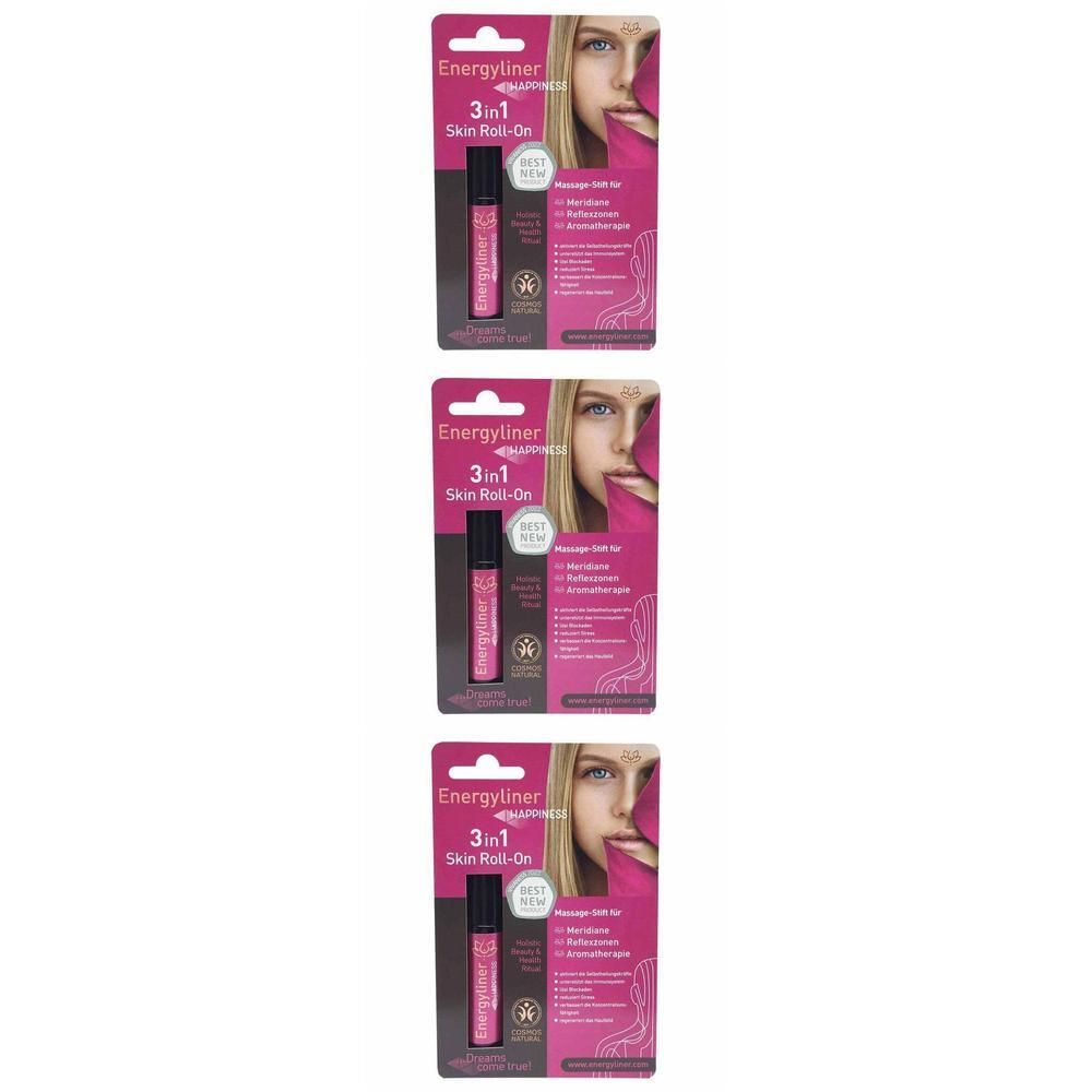 Drei Energyliner HAPPINESS 3in1 Skin Roll-Ons in rosa Verpackung mit Abbildung einer Frau.