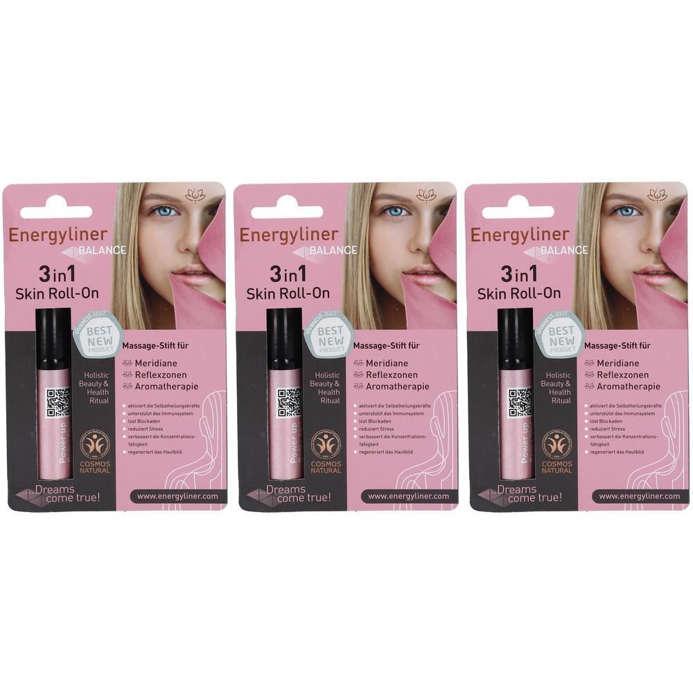 Drei Packungen Energyliner BALANCE 3in1 Skin Roll-On mit je einem rosa Flakon.