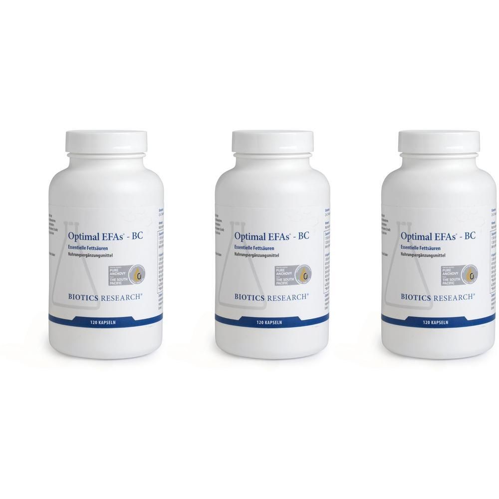 Drei weiße Behälter mit Optimal EFAs-BC, Nahrungsergänzungsmittel von Biotics Research.