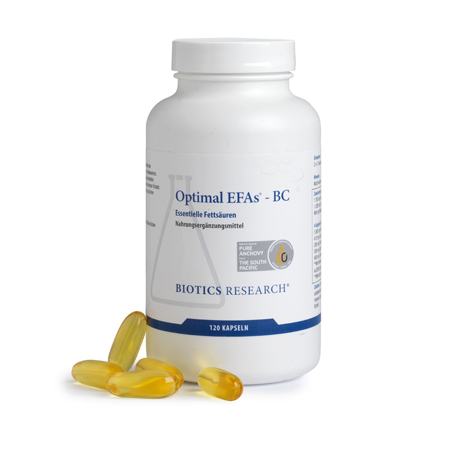Ein weißer Behälter mit Optimal EFAs-BC, Nahrungsergänzungsmittel von Biotics Research, mit Kapseln daneben.