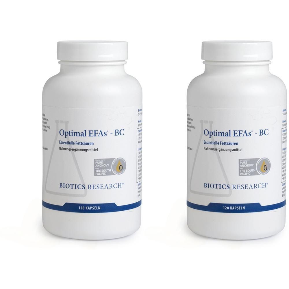Zwei weiße Flaschen des Nahrungsergänzungsmittels Optimal EFAs-BC von Biotics Research.