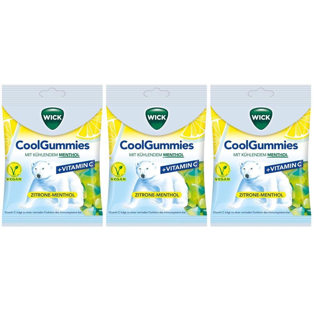 Drei Packungen WICK CoolGummies Zitrone-Menthol mit Vitamin C und einem Eisbärenmotiv. Vegan.