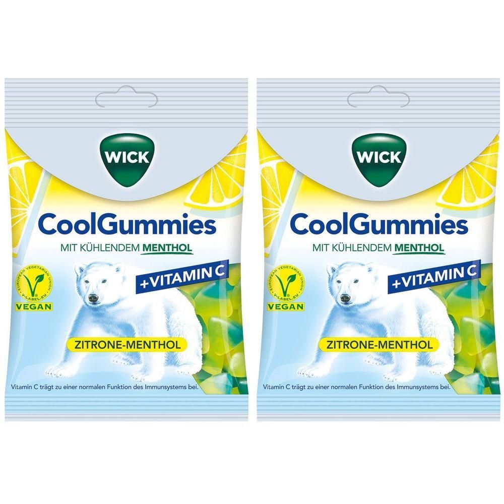 Zwei Packungen WICK CoolGummies Zitrone-Menthol mit Vitamin C und Eisbär-Motiv. Vegan.